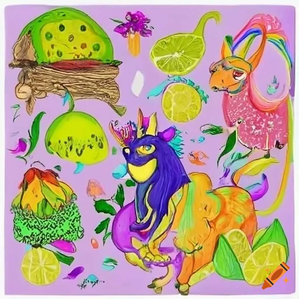 Mythical creatures and mutant omega mart lemon fruit monster in a magical forest