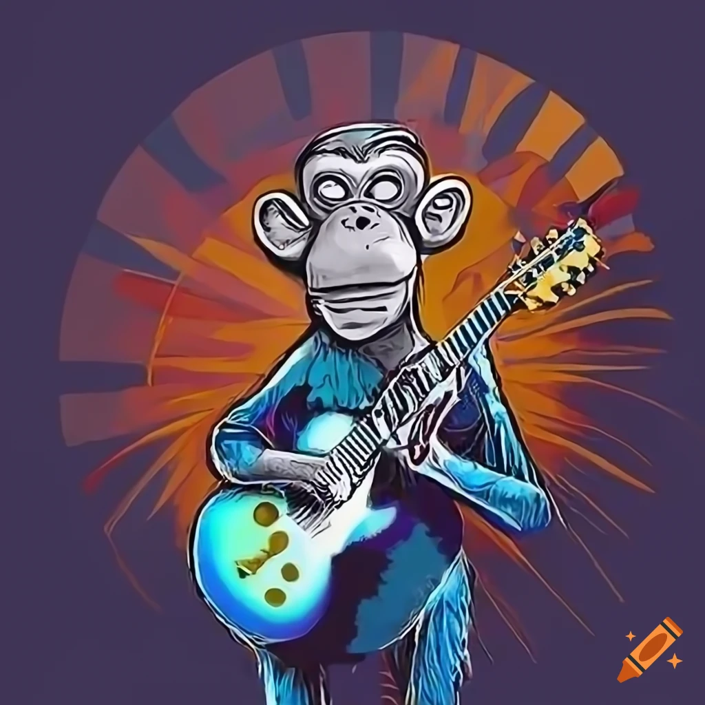 AI monkey crypto coin NFT artwork with a Gibson Les Paul guitar on Craiyon