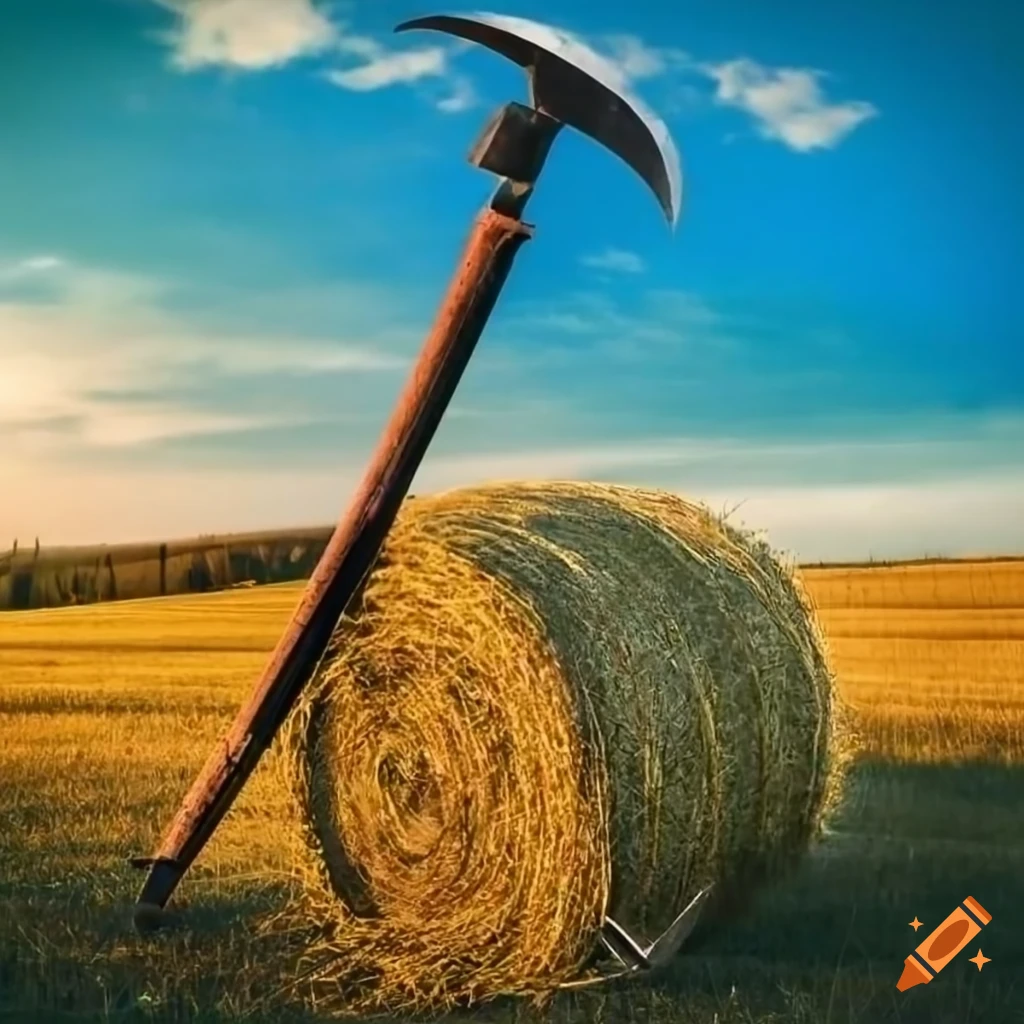 Scythe resting on hay bale in rural autumn setting on Craiyon
