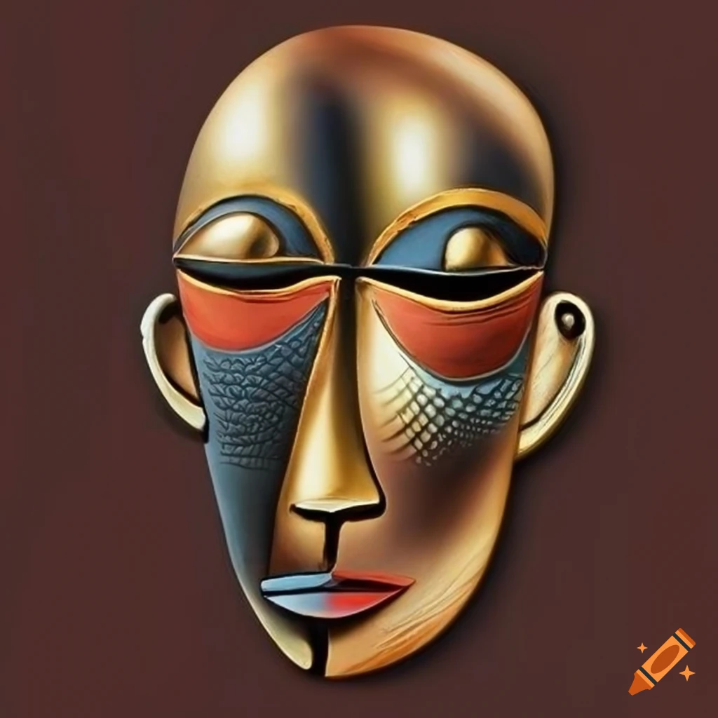 Picasso-style abstract Surrealism with African tribe elements in black, gold, red, copper, and brass colors