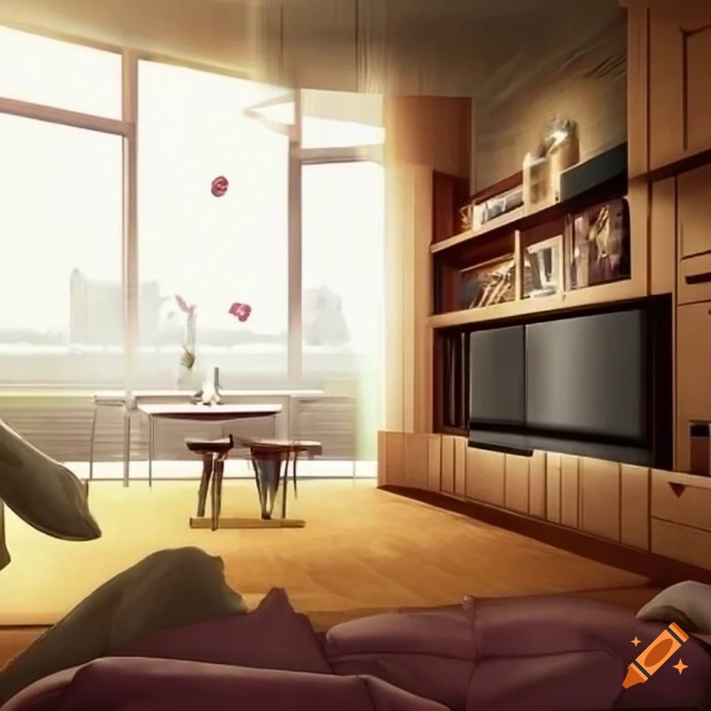 Modern living room in anime style with unique perspective on Craiyon