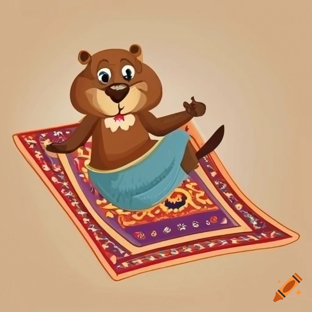Cartoon beaver on a magic Persian carpet flying in the sky with clouds, children's book style illustration