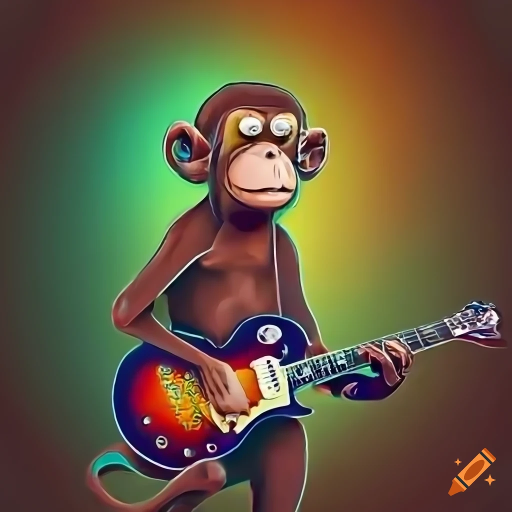 AI monkey crypto coin NFT artwork holding a sunburst gibson les paul guitar  on Craiyon