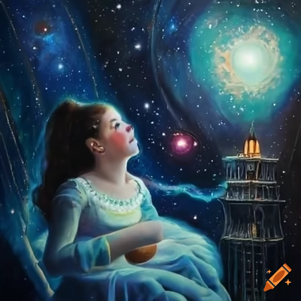 Isabella balancing between reality and fantasy, exploring her fulfilled dream with cosmic secrets