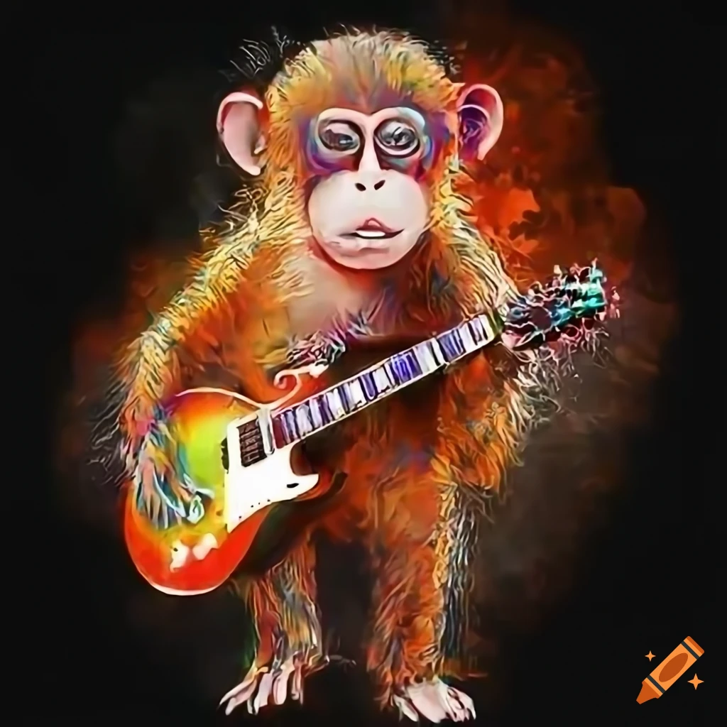 AI monkey crypto coin NFT artwork holding a sunburst Gibson Les Paul guitar  on Craiyon