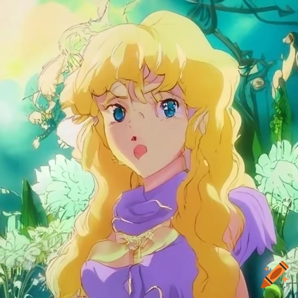 Sheryl Nome in 90s anime art style with a meadow of flowers in the background