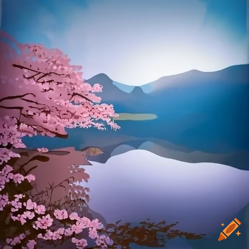 Japanese Cherry Trees by Saltwater Mountain Lake on Craiyon