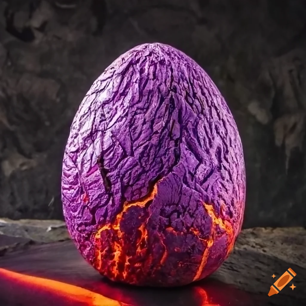 Dinosaur egg with epic texture, luminous purple edges, made of lava