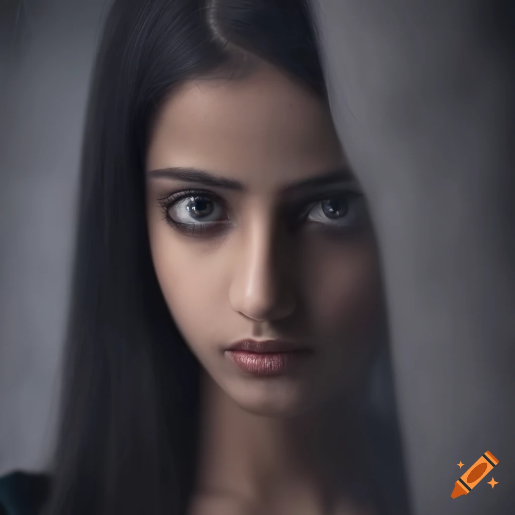 Girl with long black hair and mysterious expression on dark background