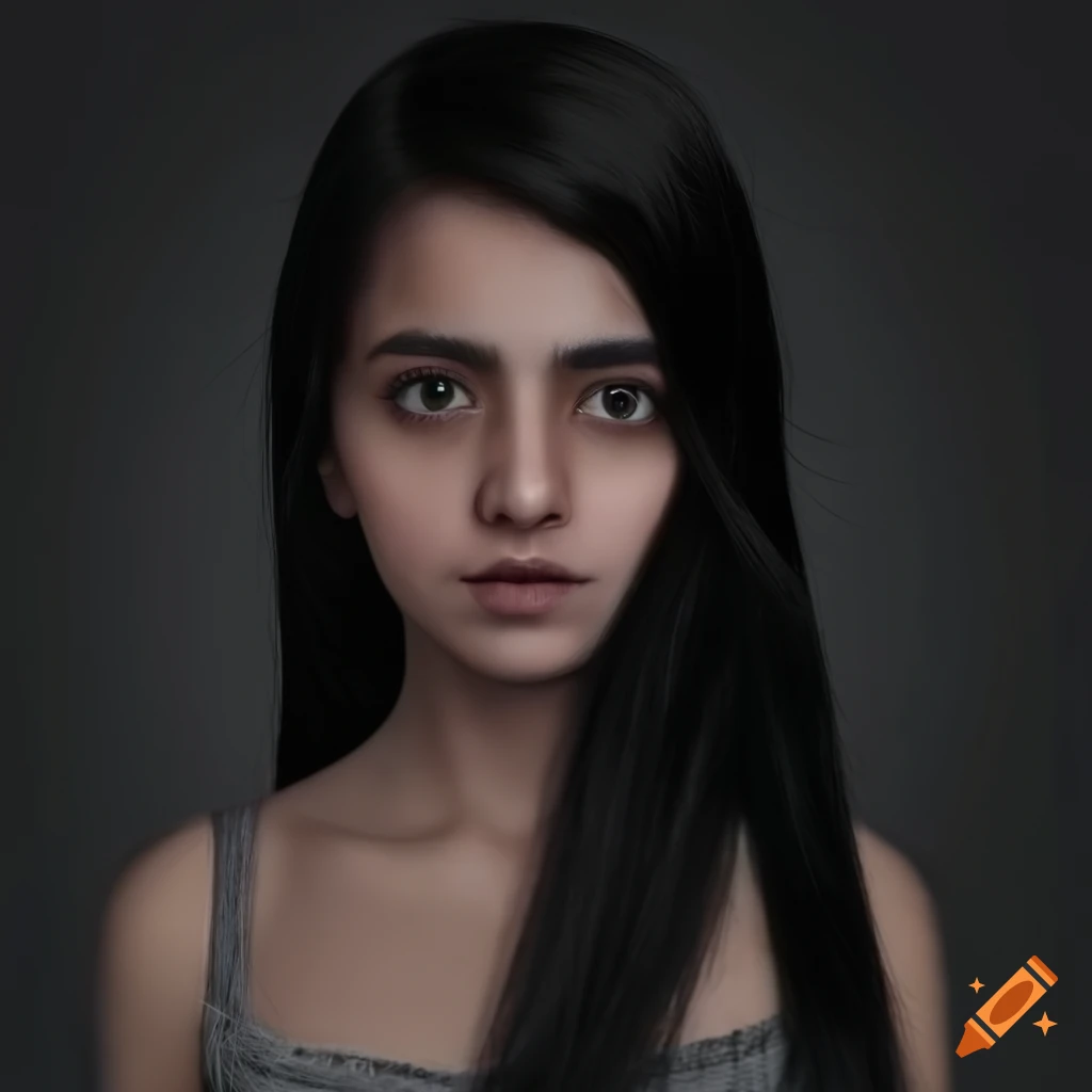 Girl with long black hair and a mysterious expression against a dark background