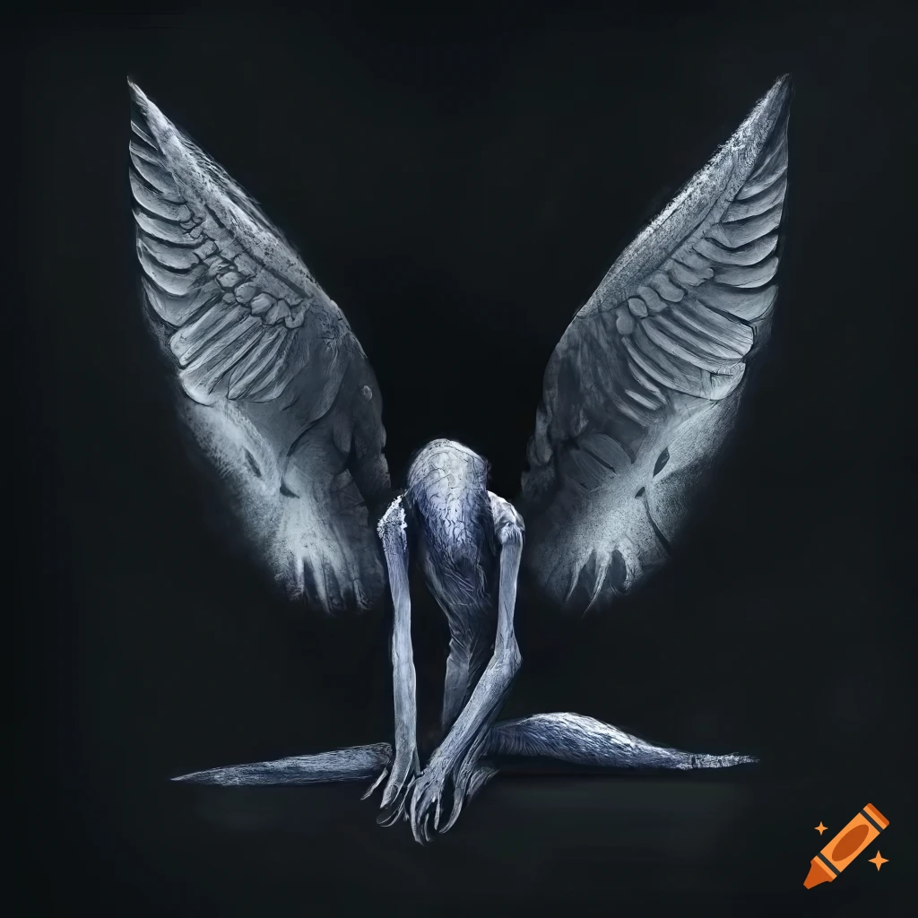 Unique dark creature with beautiful wings in white chalk on black slate