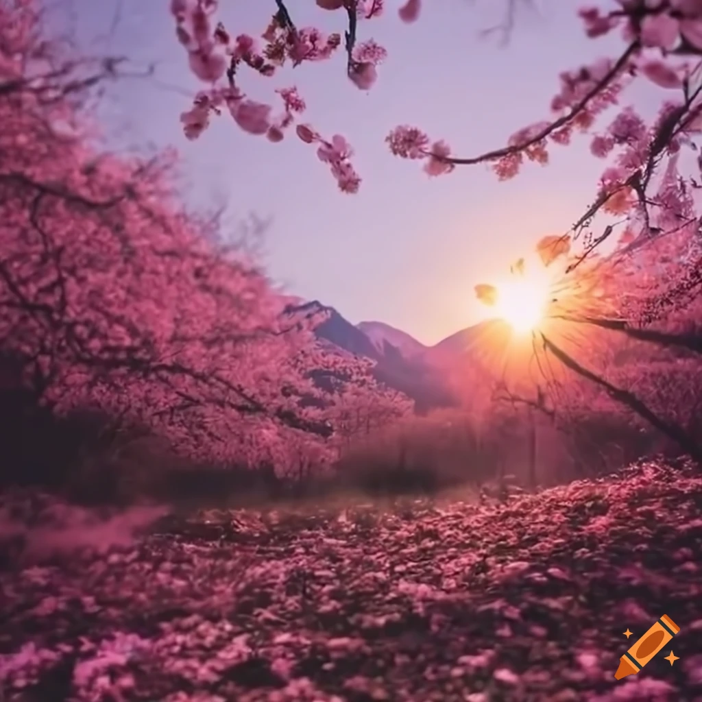 Breathtaking sunrise in a mountain range seen through cherry blossom ...
