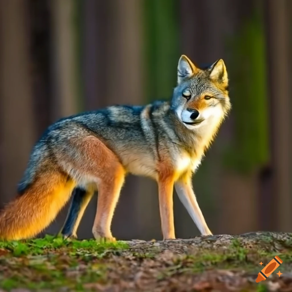 Hybrid creature with wolf body, coyote head, and grey fox paws