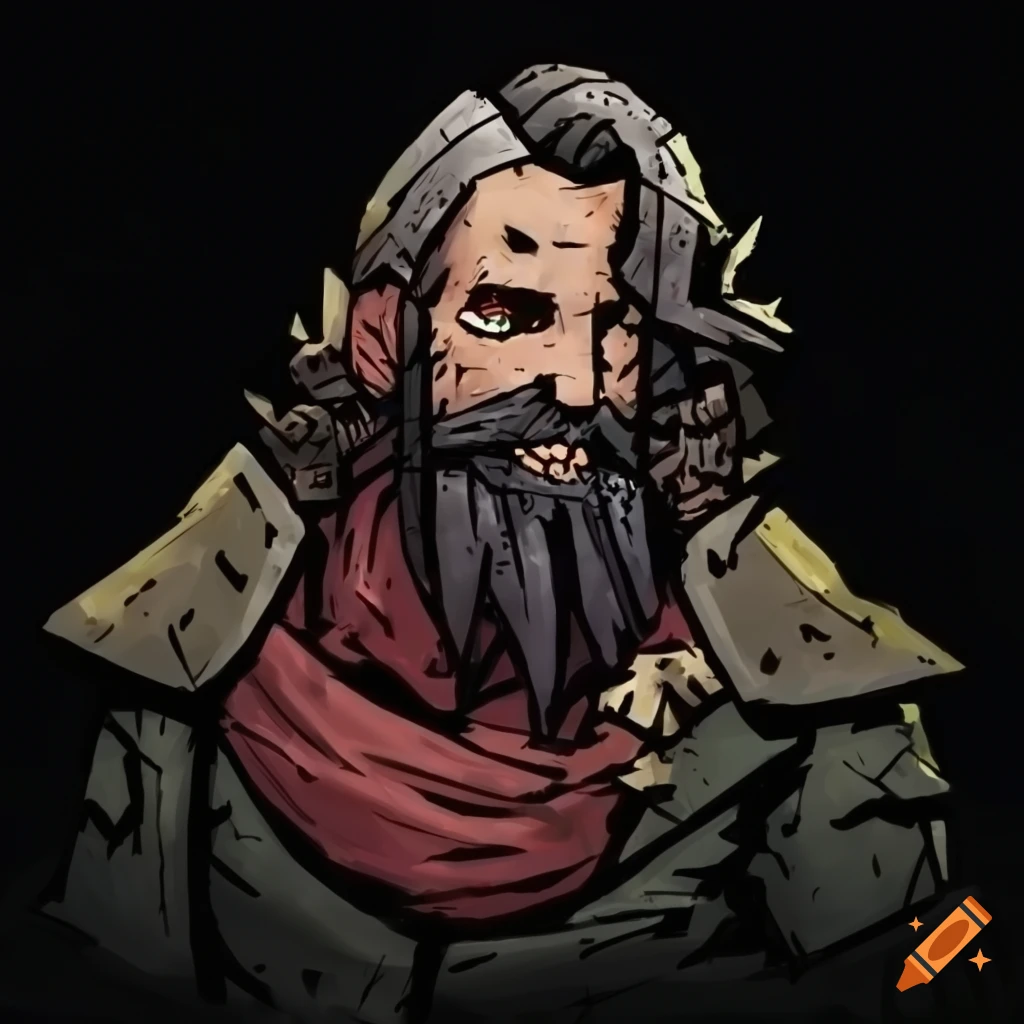 Bearded brown-haired male merchant in Darkest Dungeon style