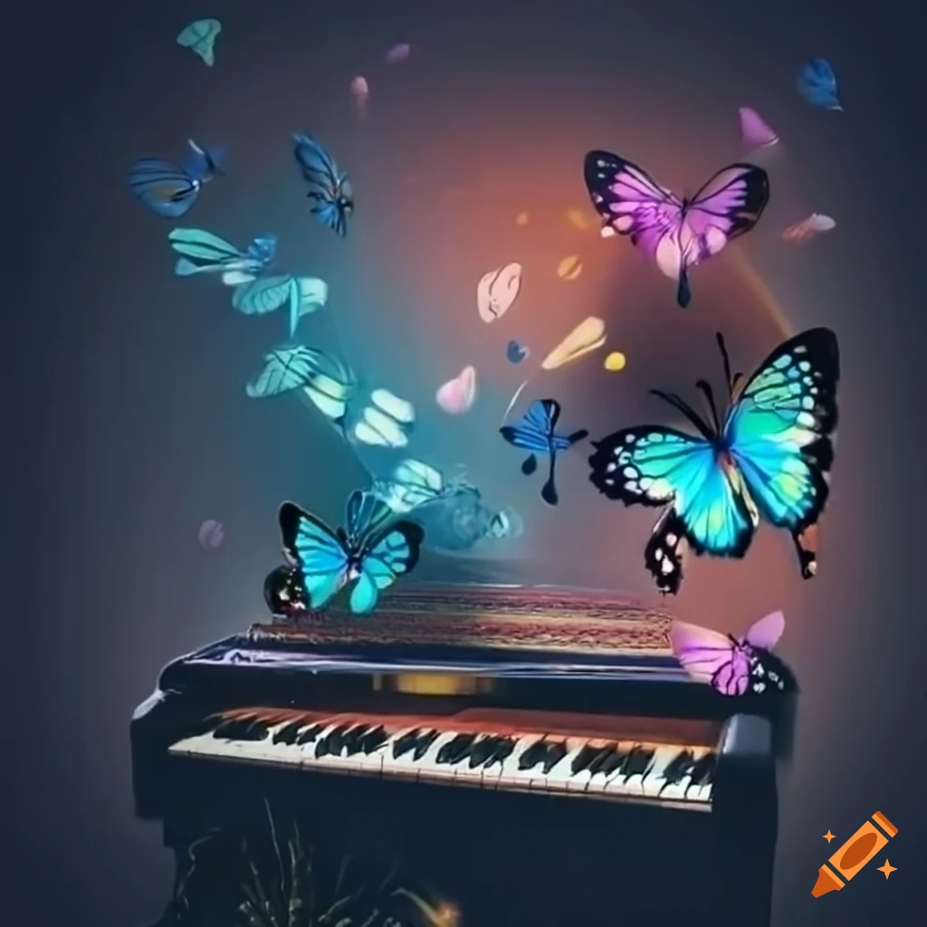 Piano adorned with butterflies with music notes cdefgab on Craiyon