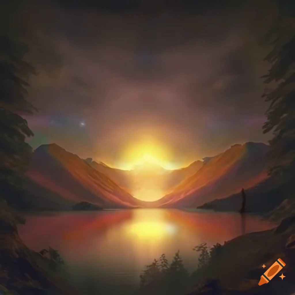 Special effect with god rays shining on a mountain lake for a sense of naturalism and awe