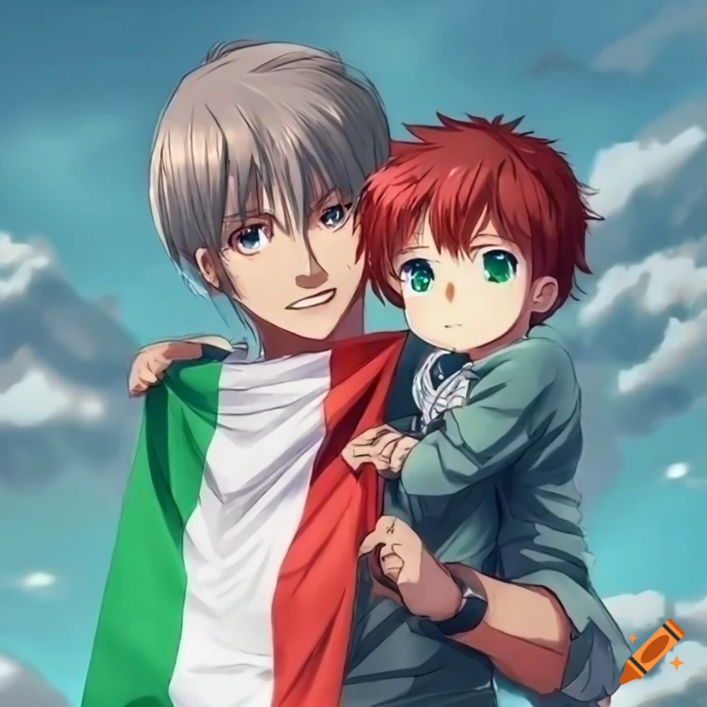 Anime portrait of father and son with Italian flag attire