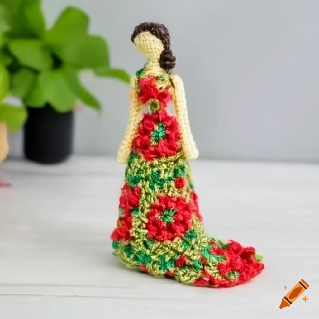 Crochet figurine of a woman in a floral dress
