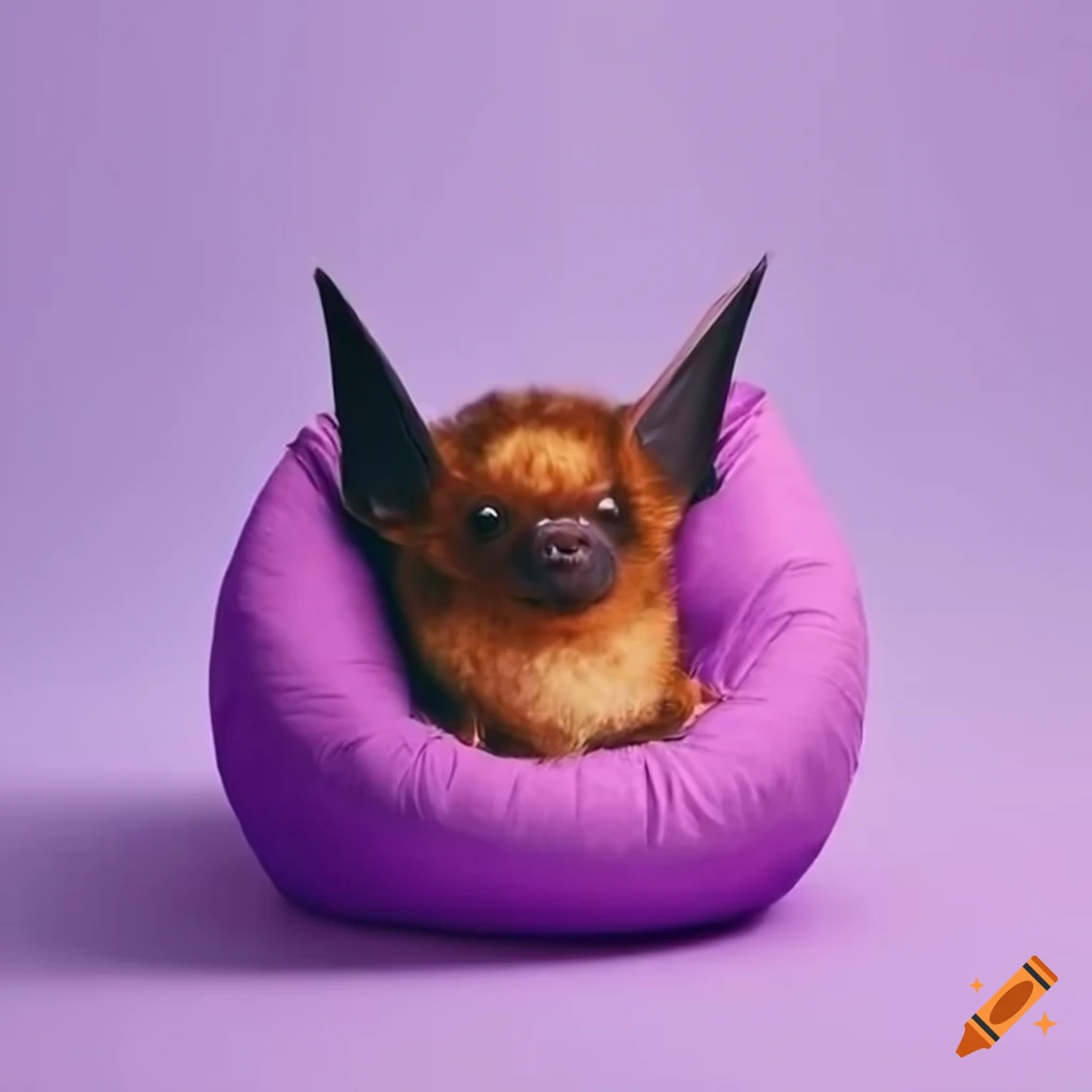 Adorable bat resting on a colorful bean bag