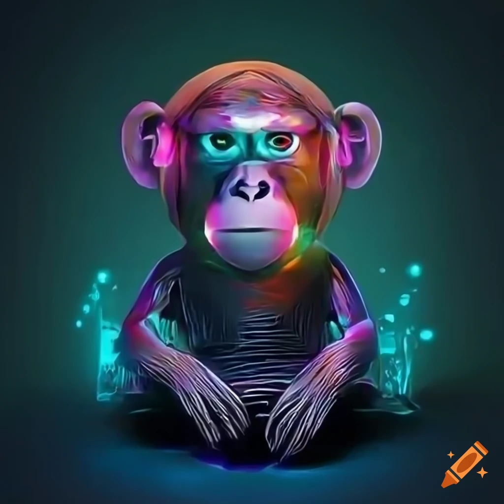 Futuristic AI monkey showcasing crypto coin NFT artwork while playing drums  on Craiyon