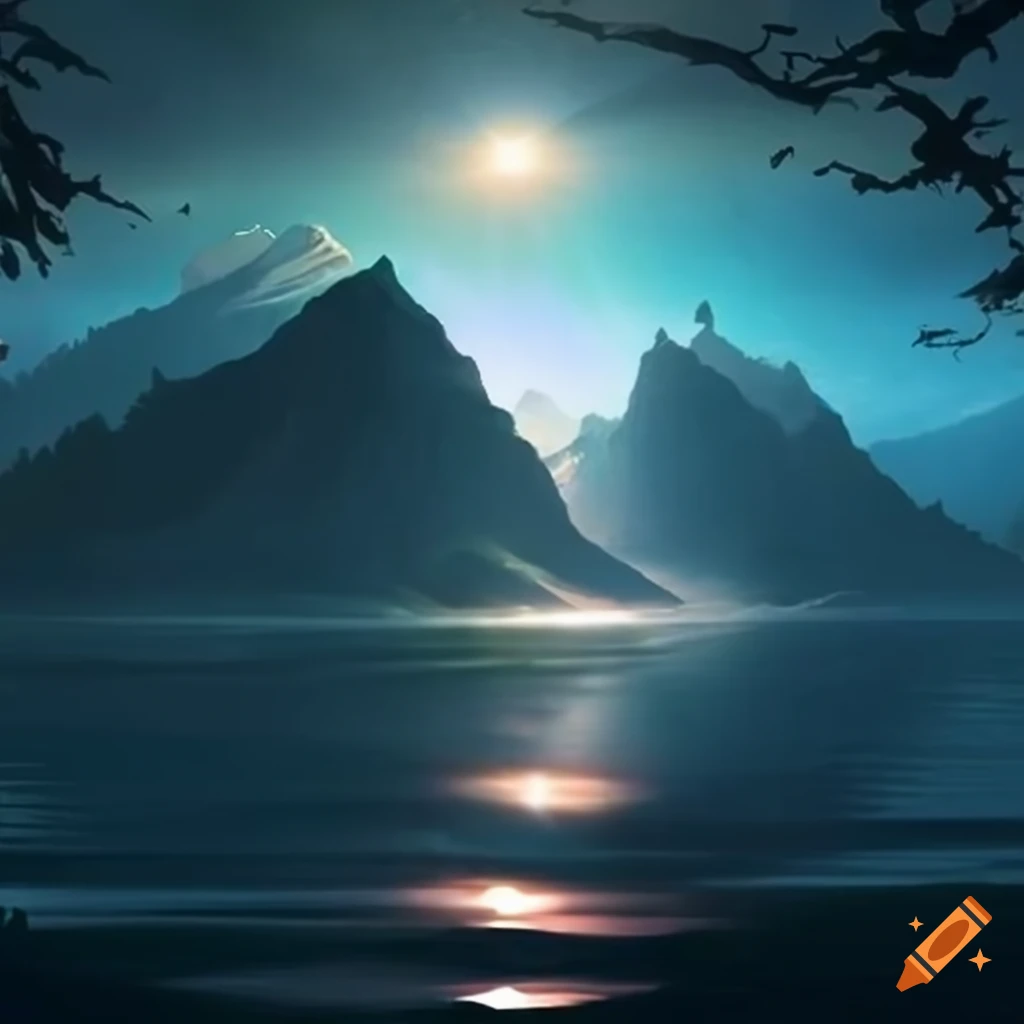 Special effects with god rays shining on mountain lake