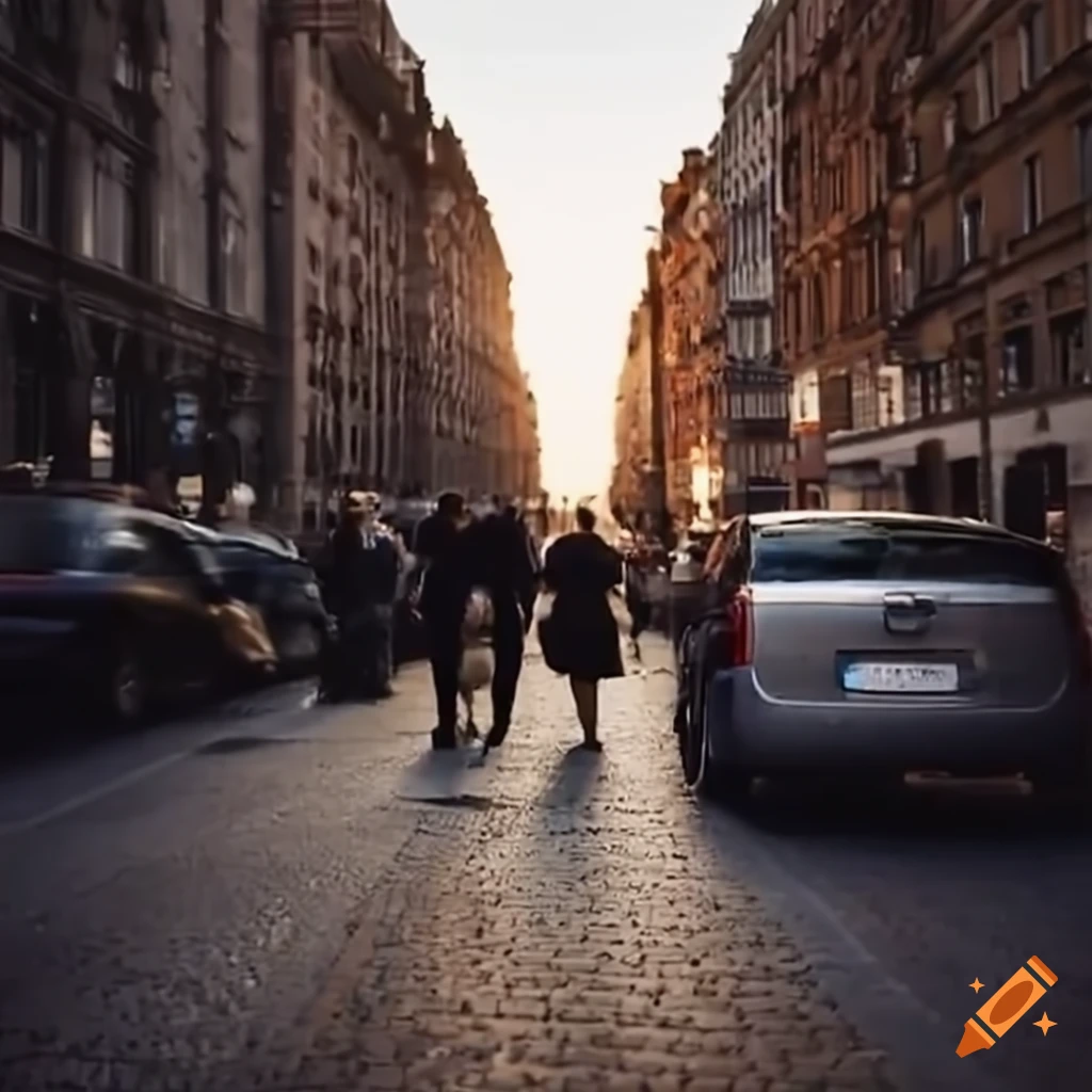 People running happily in the street among cars