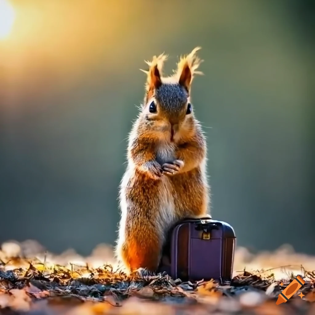 Stylish squirrel enjoying sunset with suitcases nearby on Craiyon