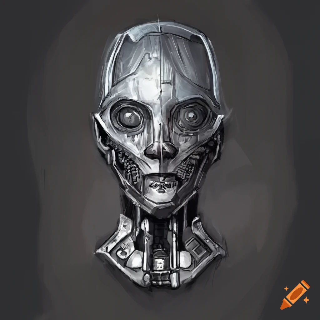Silver metal robot neck in a sci-fi realistic rough sketch