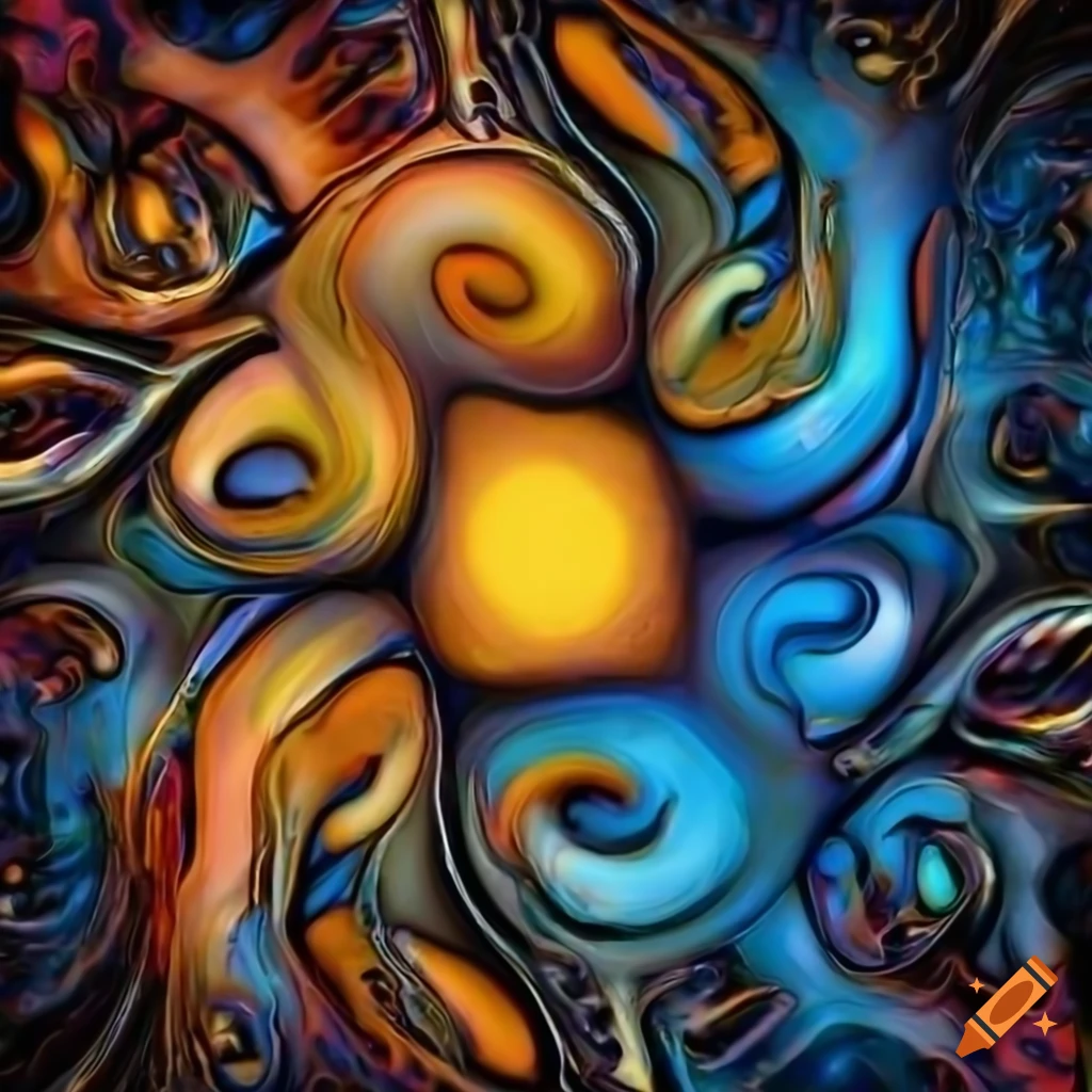 Abstract artwork with black, orange, blue, and yellow organic shapes