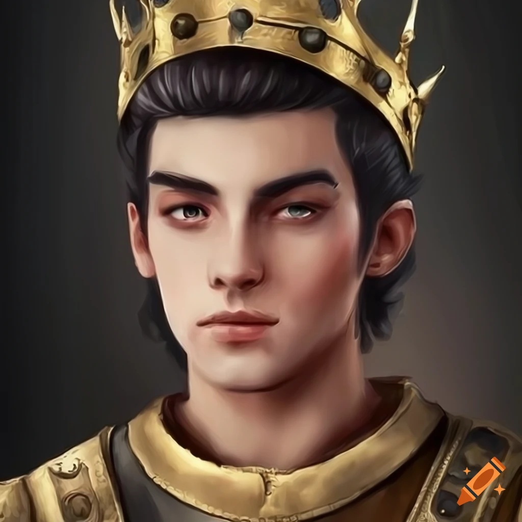 Portrait of a young king with black hair and a crown in a medieval ...