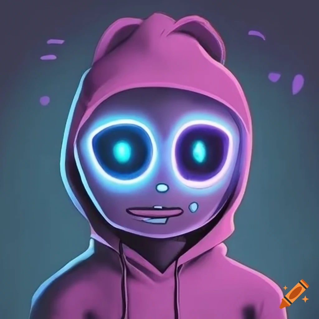 Cute emo cartoon robot friend with glowing LED eyes and hoodie expressing emotions