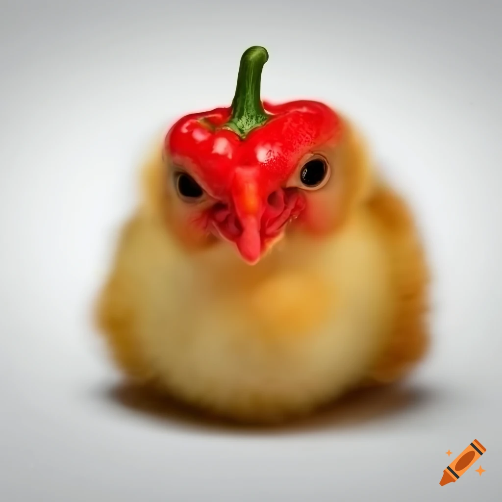 Adorable baby chicken next to a red pepper on a white background
