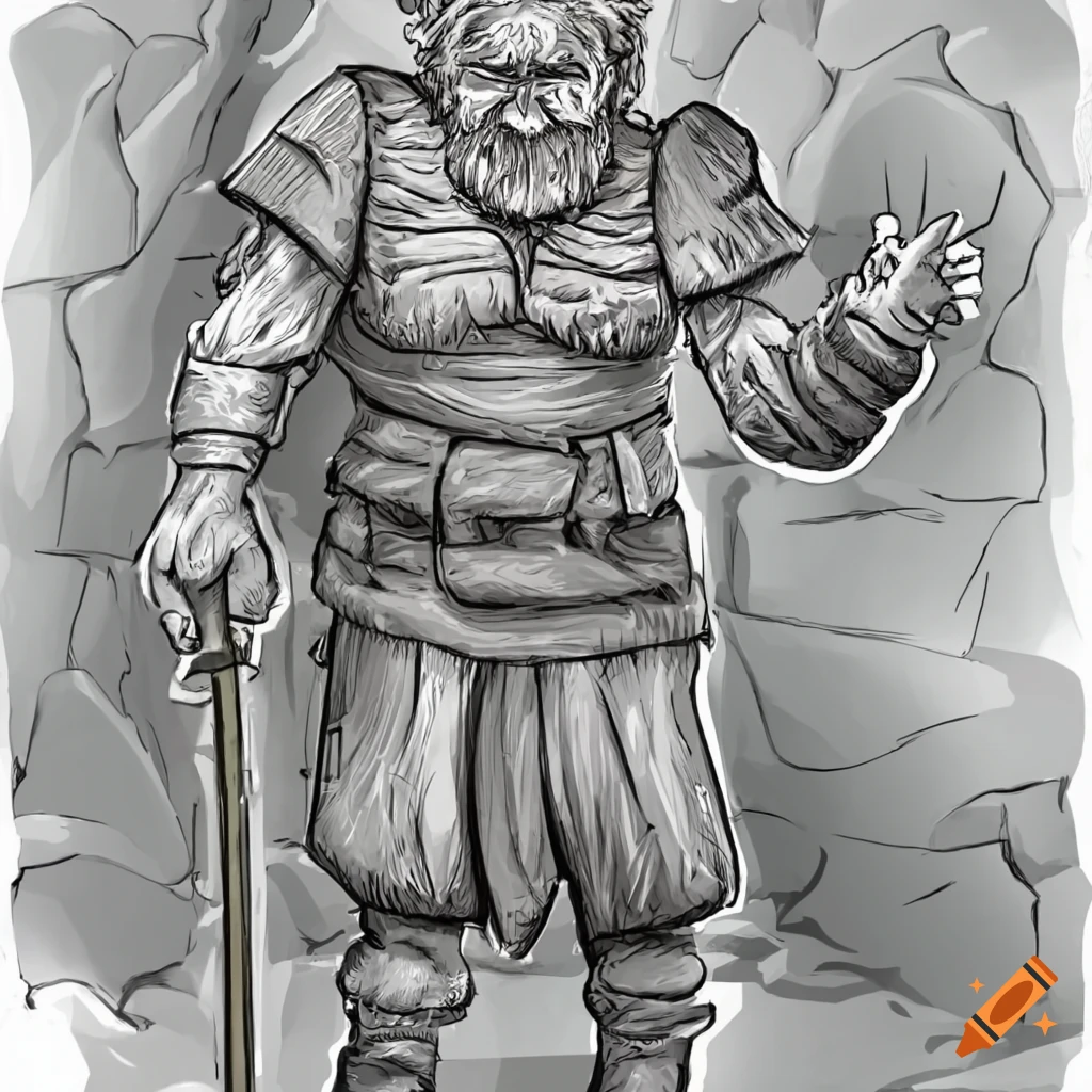 Old and wise gnome warrior with a sword at cave entrance on Craiyon