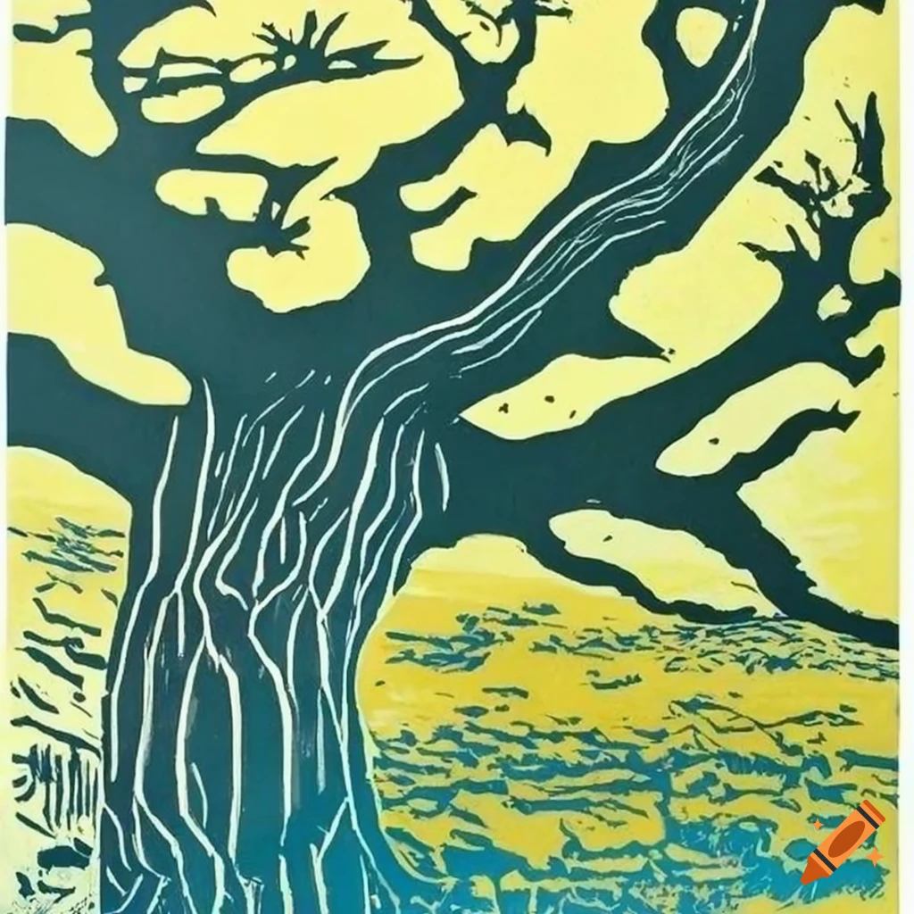 Asian inspired trees linocut artwork