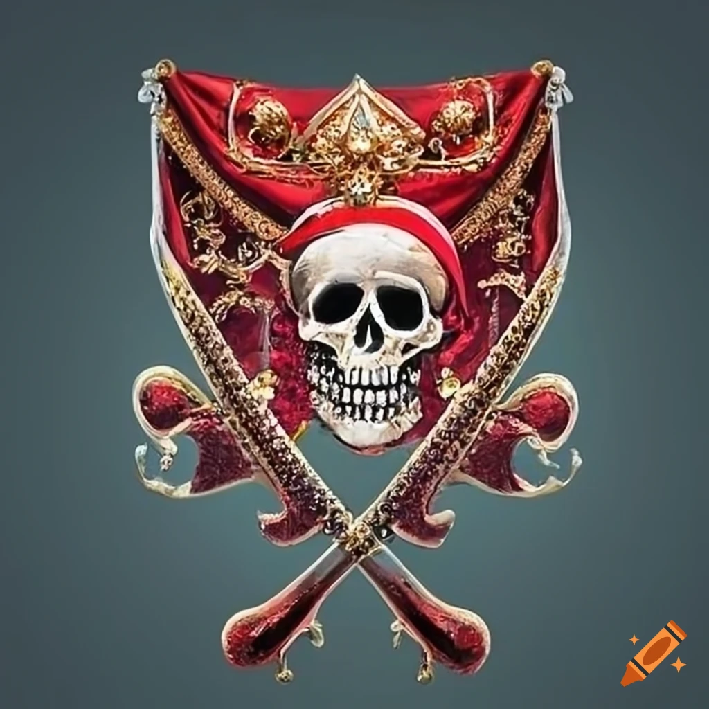 Opulent red pirate flag with grand crest featuring a jewelencrusted
