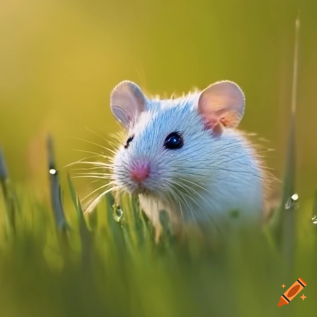 Close-up of a white mouse with dew in a grassy meadow at sunset