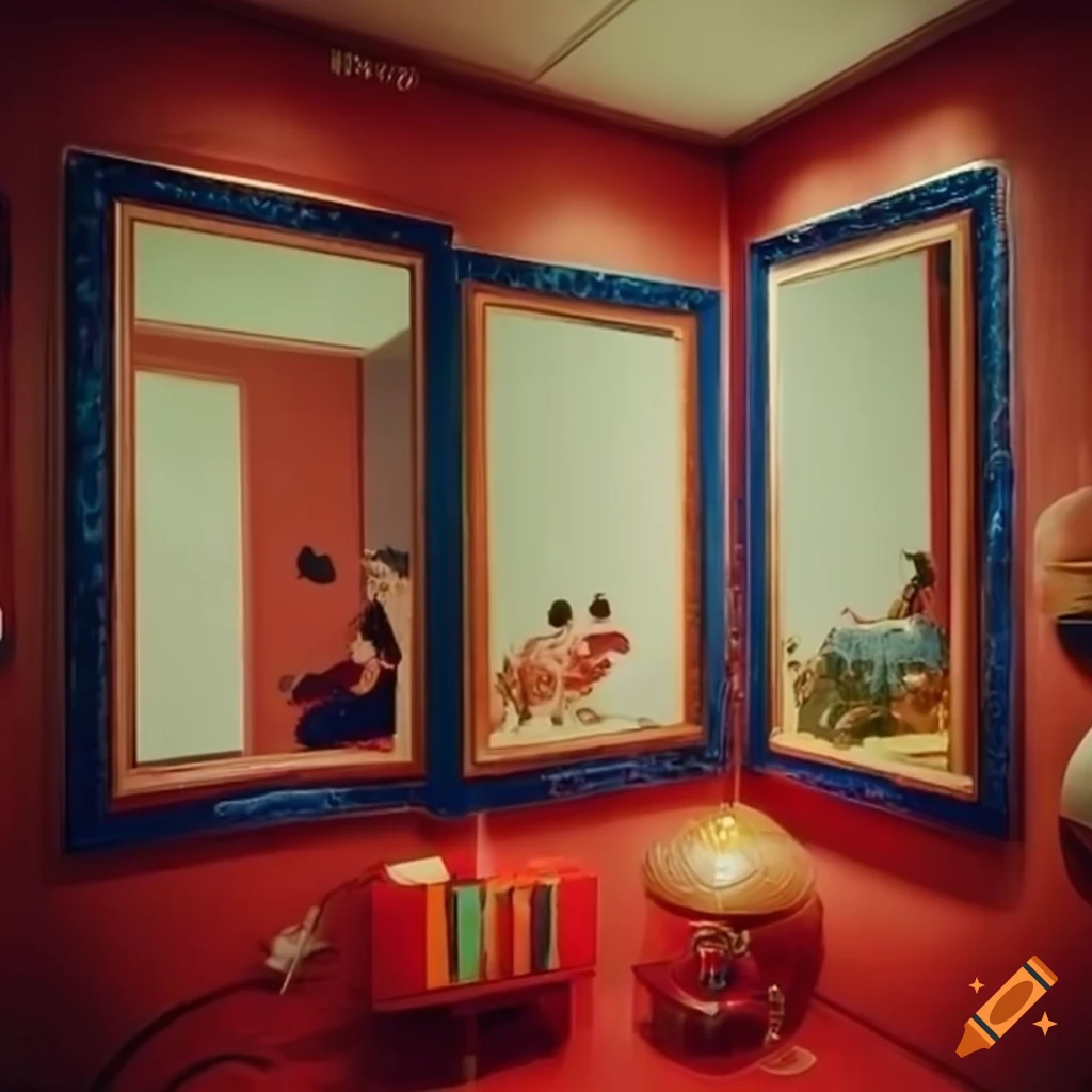 Eclectic changing room with distorted mirrors showing disney, korean