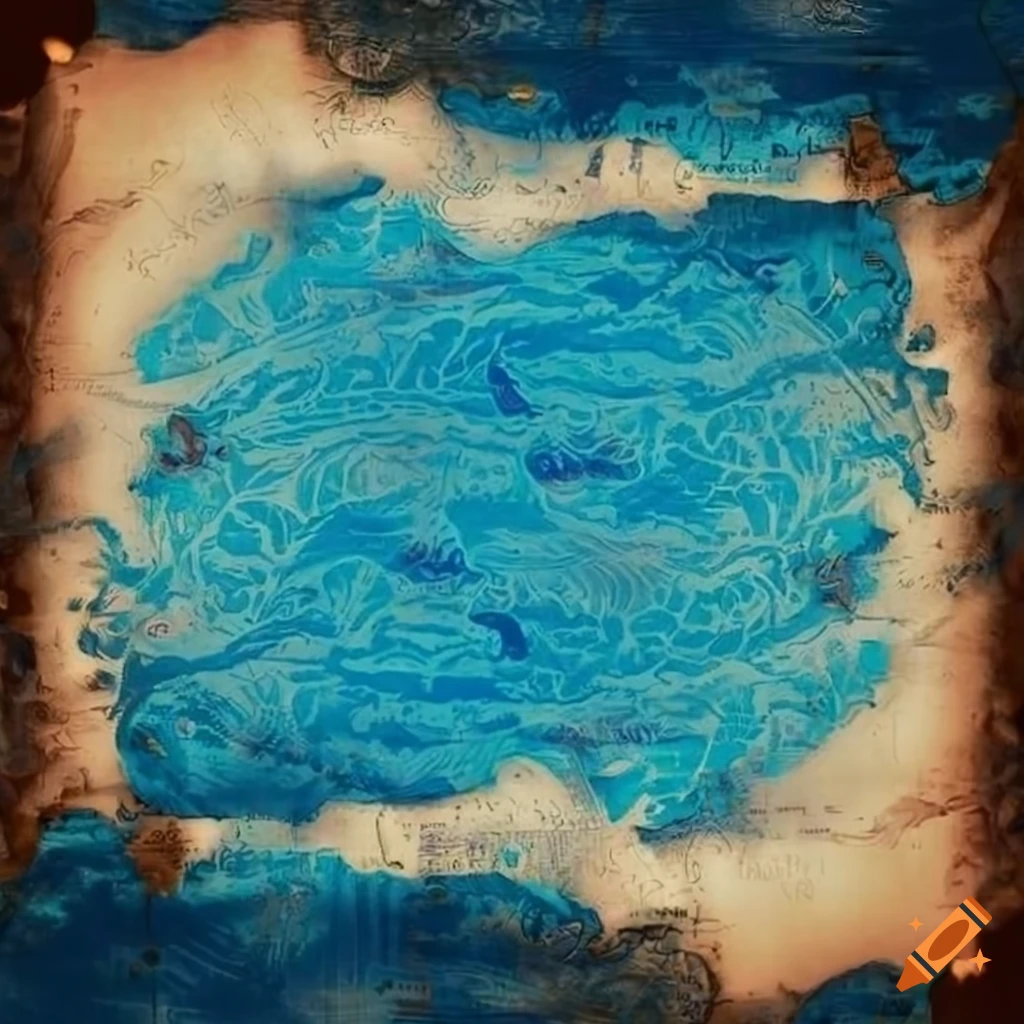 Intricately drawn parchment map of a blue lake