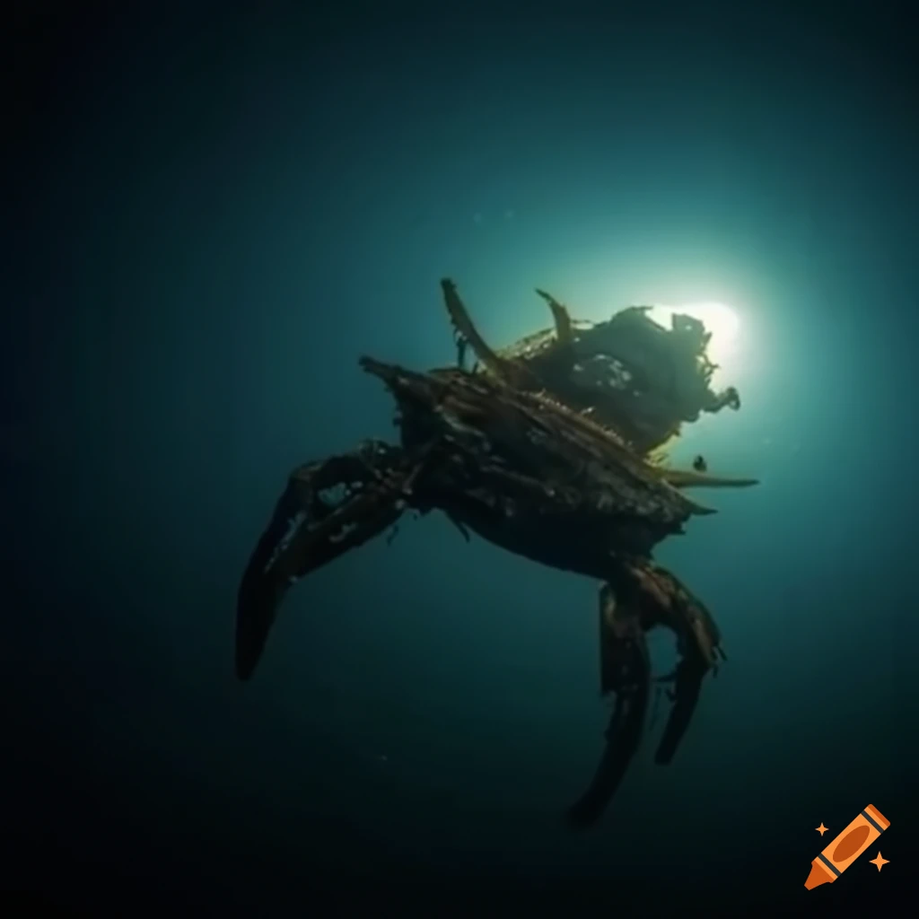 Enormous crab at an old shipwreck on the moonlit deep-sea bed