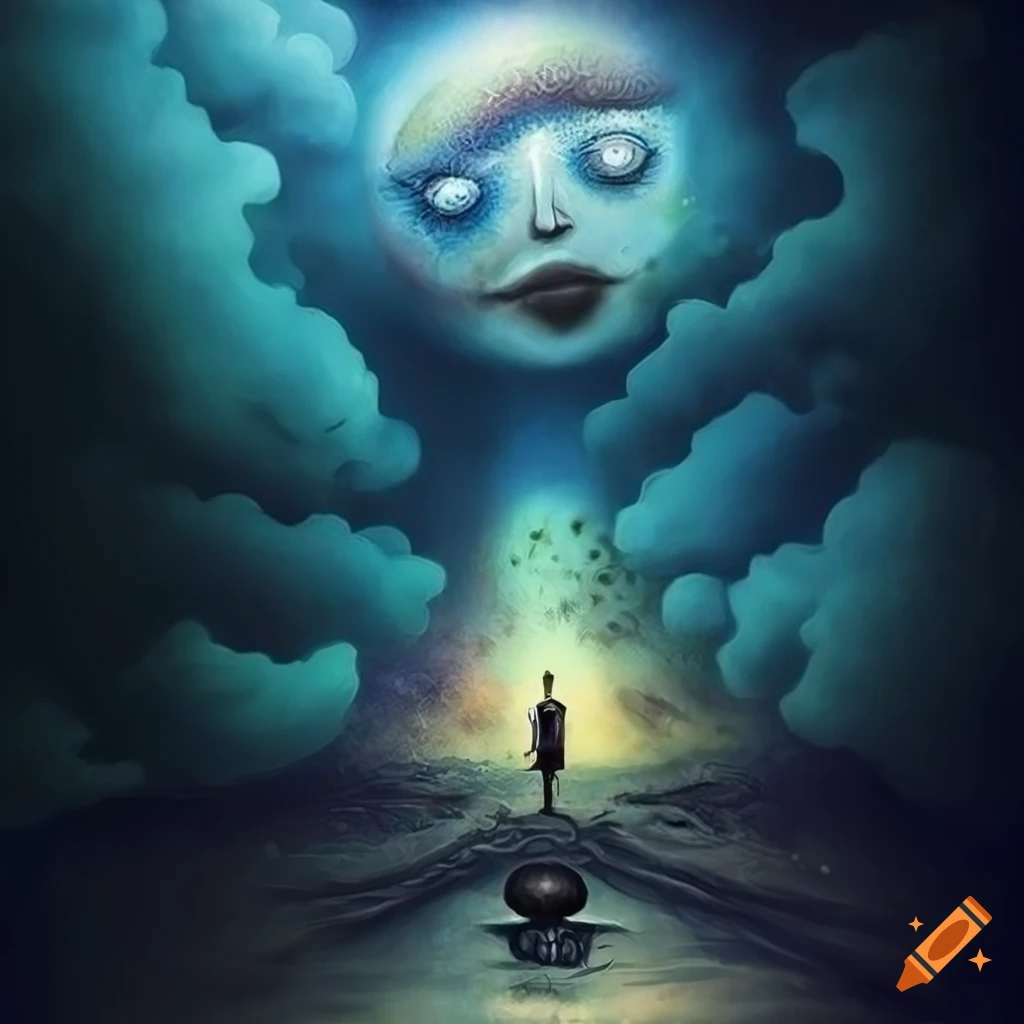 Surreal cosmic illustration with a sad face, castle, and clouds in dark fantasy art style by Greg Rutkowski