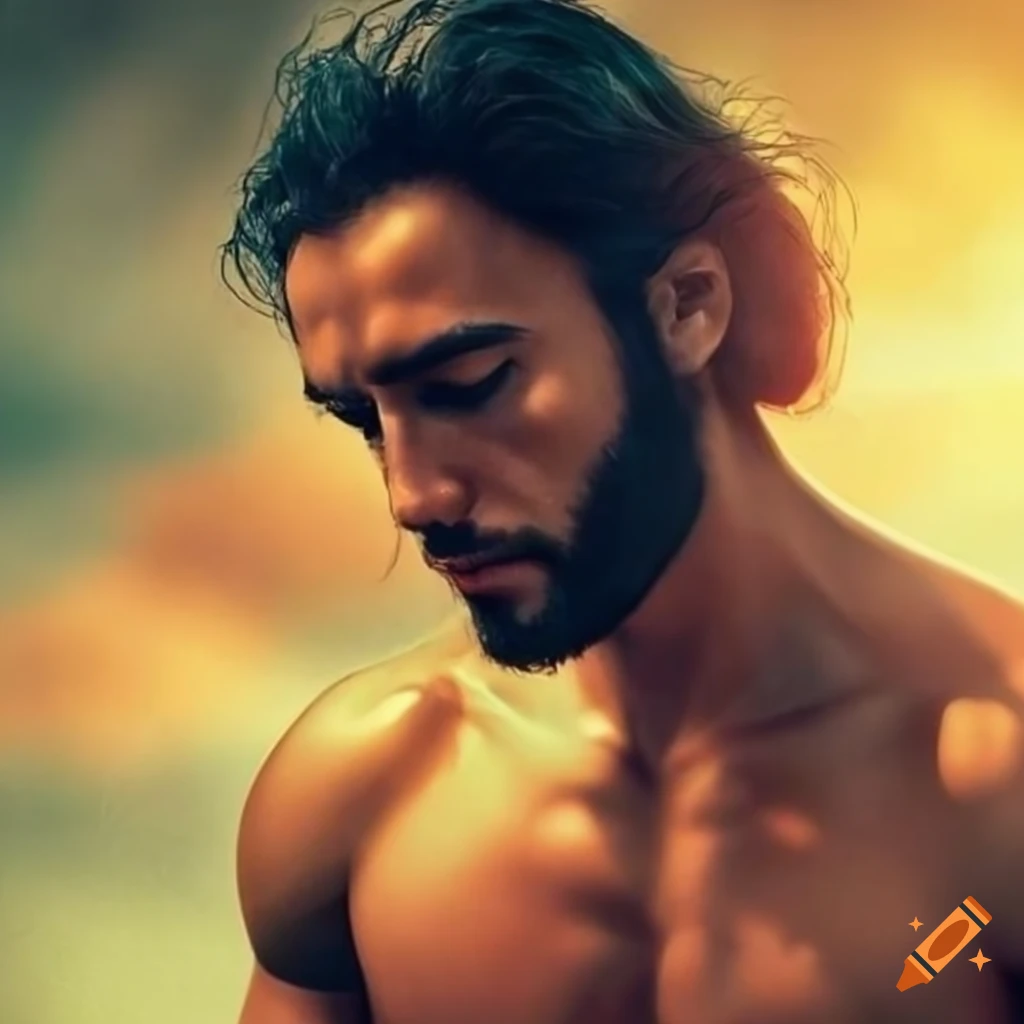 Modern healthy strong man embodying love, peace, and strength in nature