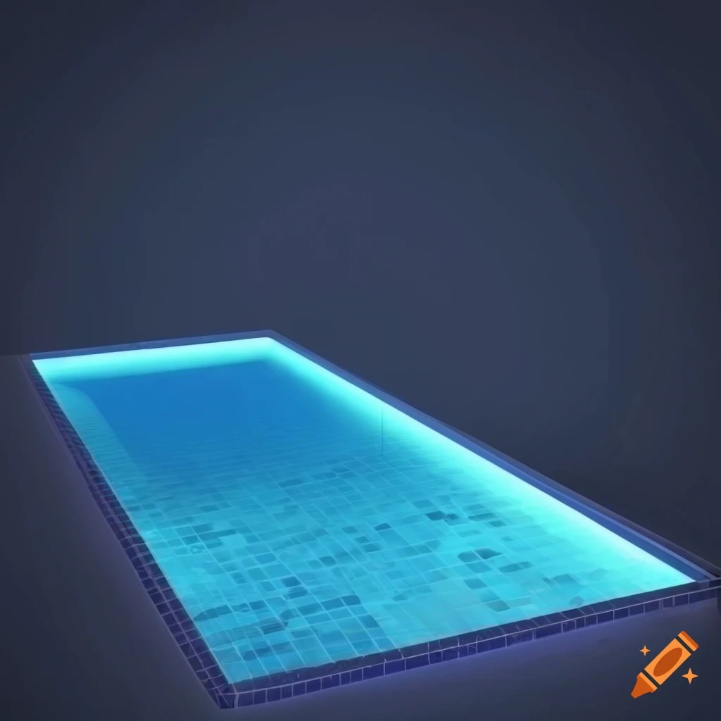 Illuminated rectangular swimming pool with blue mosaic tiles in 3D rendering