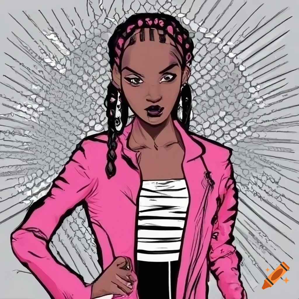 Black woman in pink jacket and white shirt with braids in comics style