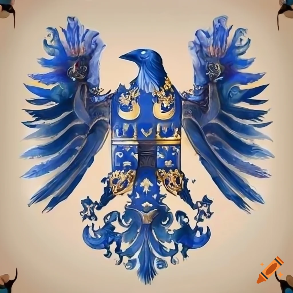 Blue royal coat-of-arms showing a raven in flight over a castle with renaissance details