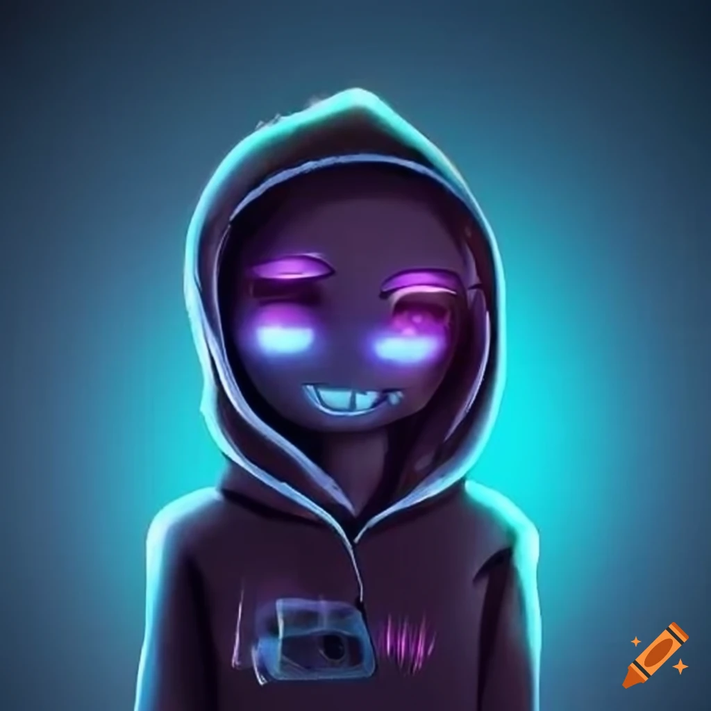 Cute emo cartoon robot friend with glowing LED eyes and hoodie expressing emotions