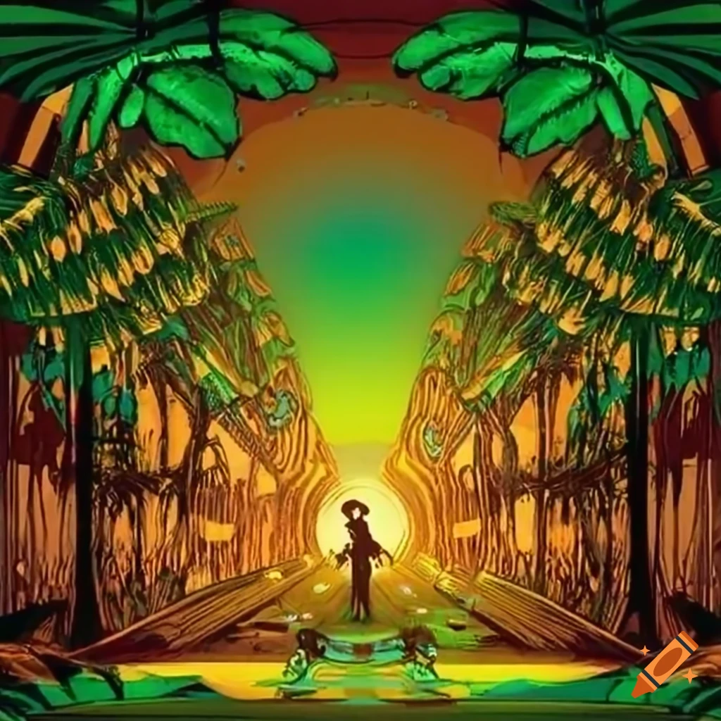 Music soundsystem in a jungle setting with reggae vibes