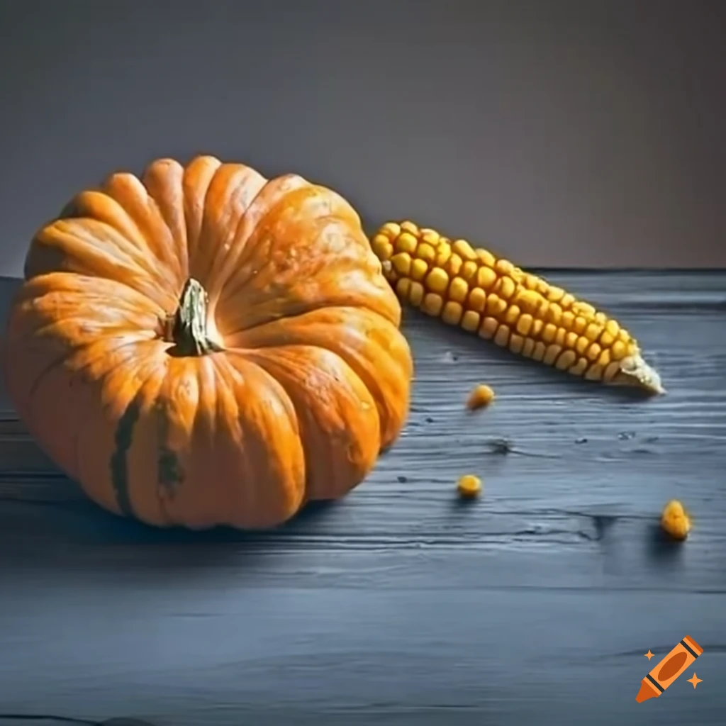 Pumpkin and ear of corn on a table