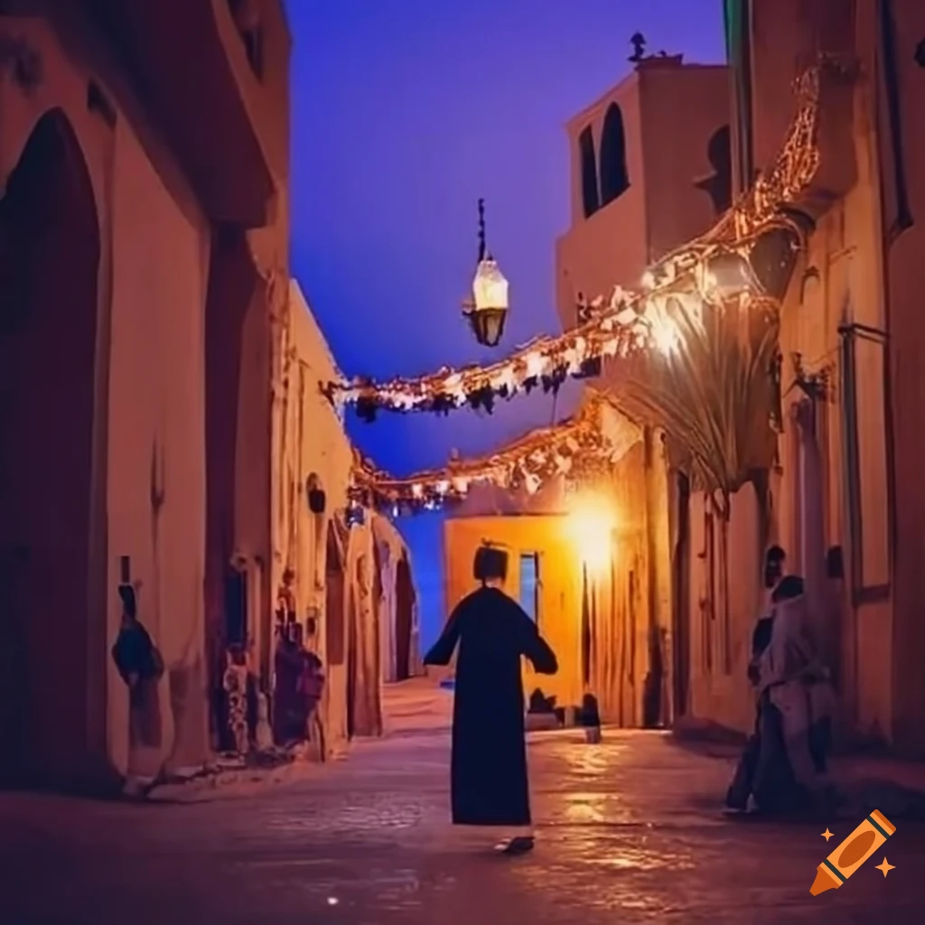 Scene of Tripoli's old city during Ramadan with traditional decorations and a boy in Libyan attire