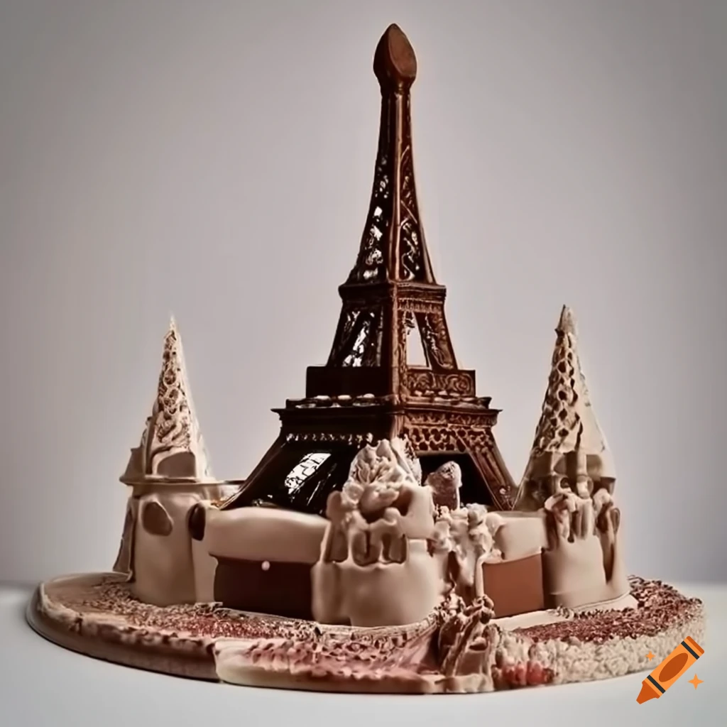 Fairytale castle cake next to Eiffel Tower chocolate replica