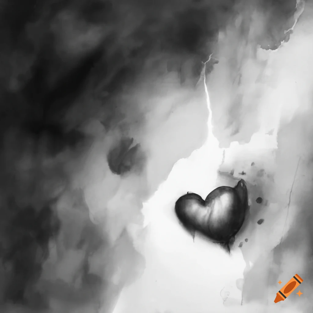 Charcoal drawing of thunderstorms surrounding a heart-shaped planet